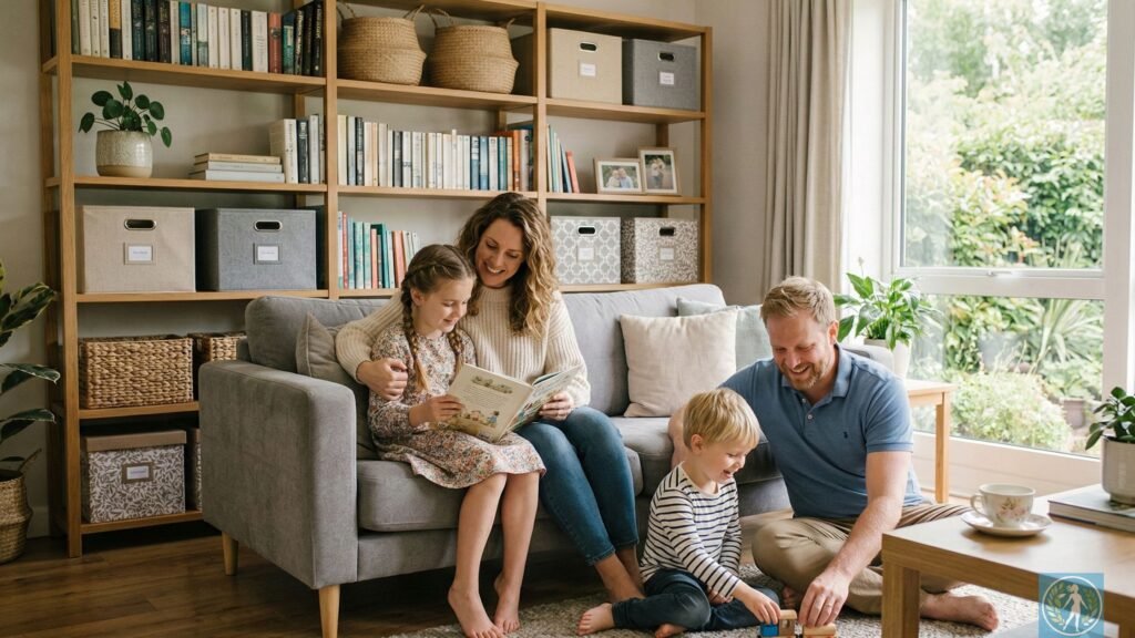 Uma família relaxando em uma sala de estar bem iluminada, com estantes organizadas com caixas decorativas e um ambiente que transmite paz | alt text: Família em momento de conexão na sala de estar organizada, ilustrando o impacto do ambiente doméstico no bem-estar emocional e na saúde mental]