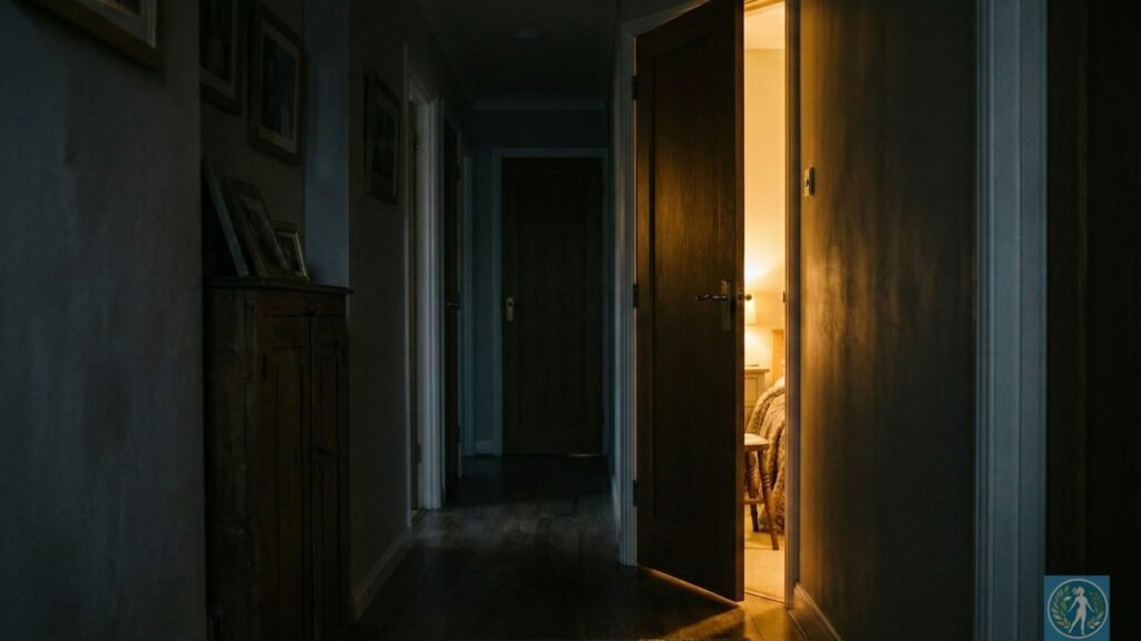 Saúde mental no ambiente doméstico: O que a sua casa e a psicanálise revelam sobre a sua família 2 Um corredor de uma casa com uma porta de quarto ligeiramente entreaberta, onde se vê apenas a luz quente e acolhedora saindo lá de dentro, contrastando com o corredor mais sombrio | alt text: Corredor doméstico silencioso com porta semiaberta ilustrando a privacidade, o inconsciente e as regras não ditas na dinâmica familiar e na saúde mental