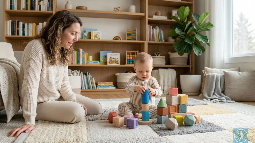 Saúde mental no ambiente doméstico: O que a sua casa e a psicanálise revelam sobre a sua família 4 Bebê brincando com blocos de montar em um tapete sensorial macio na sala, com um adulto observando atentamente | alt text: Criança em ambiente doméstico acolhedor desenvolvendo a constituição do sujeito e a autoestima através de brinquedos lúdicos e espaço seguro.