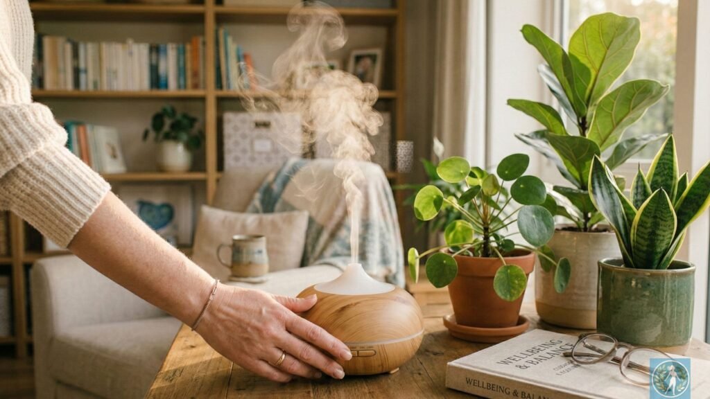 Saúde mental no ambiente doméstico: O que a sua casa e a psicanálise revelam sobre a sua família 5 Um close de uma mão adulta ajustando carinhosamente um difusor de aromas com uma névoa suave subindo, com plantas domésticas e um livro ao fundo, em um ambiente banhado por luz dourada suave | alt text: Detalhe da aplicação prática de bem-estar em casa com aromaterapia, unindo autocuidado e equilíbrio emocional na dinâmica familiar