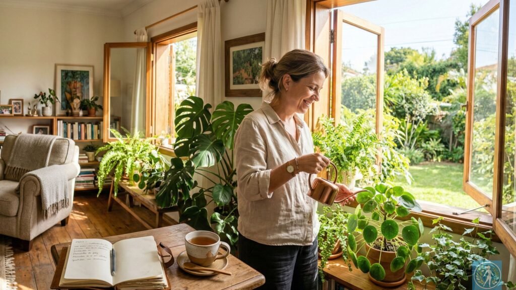 Saúde mental no ambiente doméstico: O que a sua casa e a psicanálise revelam sobre a sua família 6 Uma mulher sorridente regando plantas perto de uma janela ensolarada na sala de estar, com um diário aberto e uma xícara sobre a mesa ao lado, transmitindo a paz de um lar equilibrado | alt text: Pessoa cuidando de plantas em casa iluminada demonstrando a conexão entre a casa e a mente, focando no desenvolvimento pessoal, autocuidado emocional e saúde mental