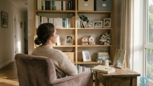 Fotografia de uma mulher sentada de costas em uma poltrona de veludo, contemplando uma estante de livros cheia de memórias e um livro sobre psicanálise. A cena, banhada por luz natural e com um chá quente, ilustra a importância do autocuidado e de um lar acolhedor para a saúde mental no ambiente doméstico.