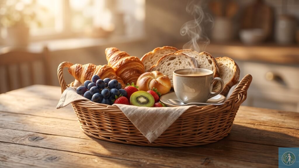 Slow Morning: Como cultivar afeto e saúde mental ao presentear com cesta de café da manhã. 2 imagem fotorealista de alta qualidade do café da manhã nutritivo e afetivo, batizado pelo sol da manhã. A imagem está limpa, sem textos e sem pessoas, capturando a essência visual que descrevi na Seção 3.