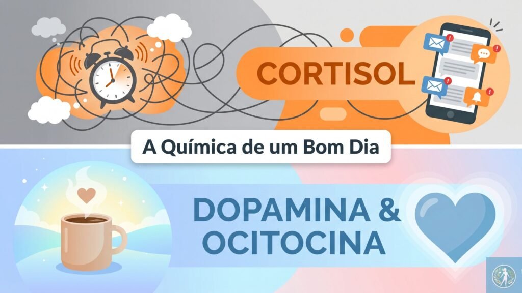 Slow Morning: Como cultivar afeto e saúde mental ao presentear com cesta de café da manhã. 1 No topo (tons de cinza e laranja), a ilustração de uma mente emaranhada, com ícones de despertador tocando, celular com notificações e a palavra "CORTISOL". Na parte inferior (tons pastéis e azul sereno), uma mente brilhante e calma, com ícones de uma xícara fumegante, um coração e as palavras "DOPAMINA & OCITOCINA". Título centralizado: "A Química de um Bom Dia".