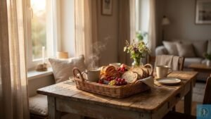 Um cesto de vime cheio de croissants dourados, fatias de pão artesanal artesanal e frutas frescas (uvas e bagas), repousa sobre uma mesa de madeira rústica. Uma xícara de café fumegante está ao lado. No fundo, luz solar suave entra pela janela. Esta imagem ilustra como presentear com cesta de café da manhã pode criar um momento acolhedor e memorável.
