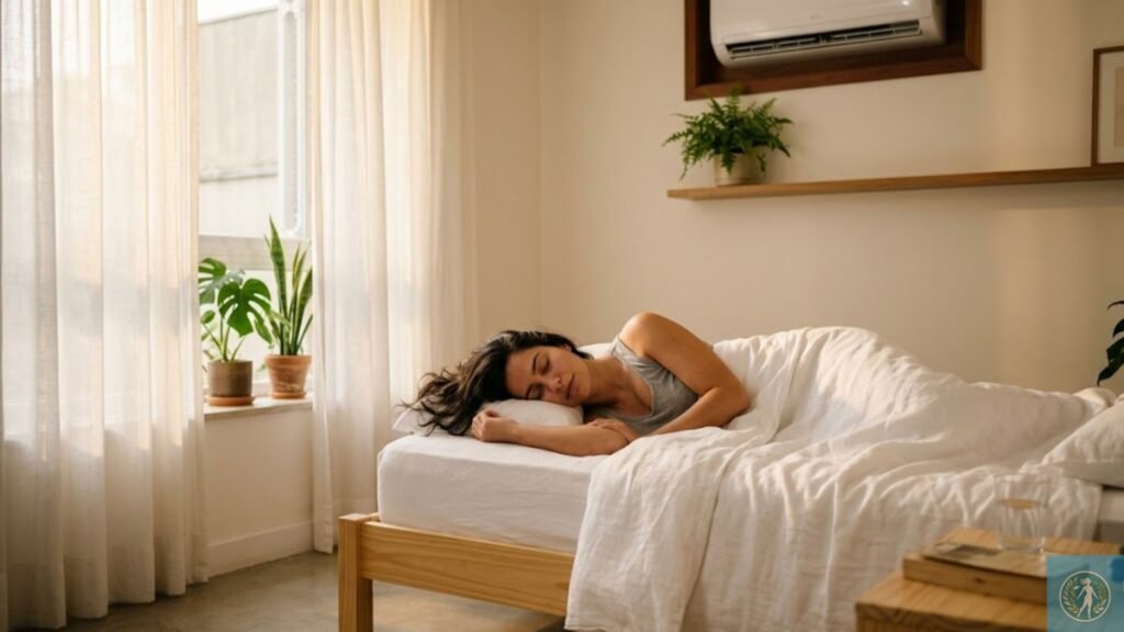 Ar-condicionado sujo faz mal à saúde? 7 sinais de alerta e como proteger sua família 3 Uma mulher dormindo pacificamente em uma cama de madeira com lençóis brancos e travesseiros fofos em um quarto bem iluminado. Uma grande janela com cortinas brancas e transparentes e várias plantas em vasos (uma Monstera e uma Pilea) no parapeito filtra a luz solar suave da manhã. Acima da cama, um aparelho de ar condicionado split está montado na parede dentro de um nicho de madeira, com o display digital mostrando '23°'. Uma prateleira flutuante de madeira abaixo do ar condicionado contém uma samambaia em um vaso. Em primeiro plano, uma mesa de cabeceira de madeira rústica com livros e um copo de água. O quarto tem piso de concreto polido e um tapete de juta trançado. A atmosfera é tranquila e relaxante.