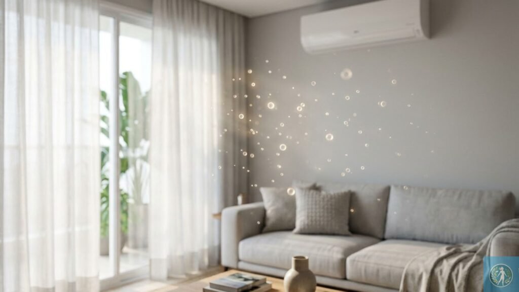 Ar-condicionado sujo faz mal à saúde? 7 sinais de alerta e como proteger sua família 1 Uma imagem que captura um interior de sala de estar moderno e sereno. No centro-direito, um sofá cinza de tecido macio é decorado com almofadas texturizadas e uma manta cinza suave. Acima dele, na parede cinza clara, está um aparelho de ar condicionado split branco. Na frente do sofá, há uma mesa de centro de madeira de design simples, sobre a qual estão duas pilhas de livros e um vaso de cerâmica bege. O chão é coberto por um tapete de juta texturizado. À esquerda, grandes portas de vidro do chão ao teto dão acesso a uma varanda com plantas verdes visíveis (como uma monstera). Cortinas brancas de linho ou voile esvoaçam suavemente com a brisa, filtrando a luz solar suave. O destaque da imagem é uma nuvem flutuante de pequenas bolhas ou partículas brilhantes e translúcidas que parecem dançar no ar no centro da sala, acima da mesa de centro. Elas refletem a luz e criam uma sensação de magia, pureza ou de um processo de limpeza. A luz natural difusa entra pela janela, banhando a sala com um brilho suave. O ambiente é calmo, limpo e convidativo.