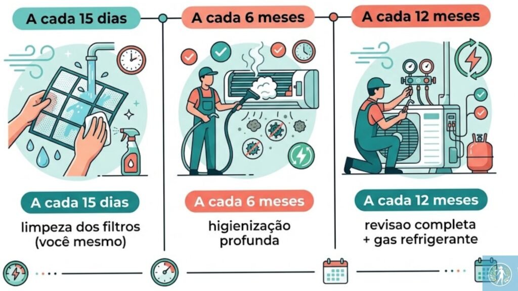 Ar-condicionado sujo faz mal à saúde? 7 sinais de alerta e como proteger sua família 4 A cada 15 dias: Uma seção com um cabeçalho e texto correspondente. A ilustração mostra mãos segurando um filtro de ar condicionado sob água corrente de uma torneira, ao lado de um frasco de spray de limpeza e um ícone de relógio e vento. O texto abaixo diz: "A cada 15 dias, limpeza dos filtros (você mesmo)".
A cada 6 meses: Uma seção com um cabeçalho e texto correspondente. A ilustração mostra um técnico de manutenção em macacão e boné teal operando uma máquina de lavar a pressão para limpar a unidade interna de ar condicionado de parede, com ícones de bolhas, bactérias/vírus, um raio e um relógio e vento. O texto abaixo diz: "A cada 6 meses, higienização profunda".
A cada 12 meses: Uma seção com um cabeçalho e texto correspondente. A ilustração mostra um técnico de manutenção ajoelhado conectando manômetros de refrigeração e um tanque de gás refrigerante vermelho à unidade externa, com ícones de raios e um relógio e vento. O texto abaixo diz: "A cada 12 meses, revisao completa + gas refrigerante".