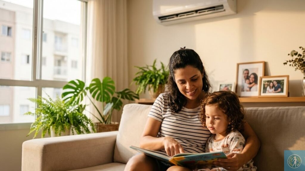 Ar-condicionado sujo faz mal à saúde? 7 sinais de alerta e como proteger sua família 1 Uma mãe e sua filha de cabelos cacheados leem um livro juntas em um sofá aconchegante, em um ambiente bem climatizado. Um aparelho de ar-condicionado split branco está visível na parede, servindo como um contraste com os perigos invisíveis de um ar-condicionado sujo que pode acumular mofo e poeira.