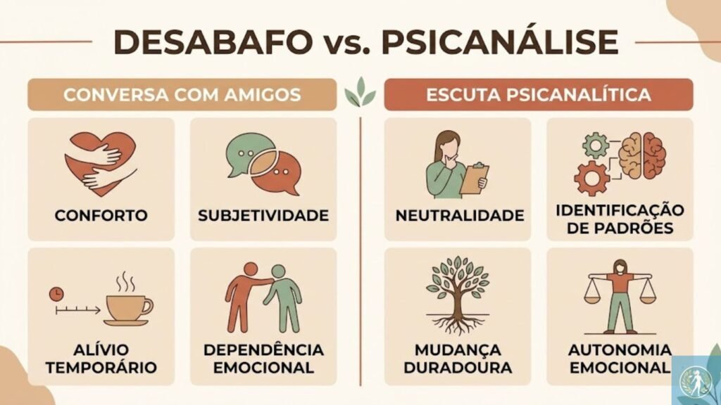 Carga Mental, Burnout Doméstico e Psicanálise em Campinas: Por Que o Amor dos Seus Amigos Não Consegue Resolver o Que Você Carrega em Silêncio 2 Alt text: infográfico comparando desabafo com amigos e psicanálise benefícios e diferenças | Legenda: Entender a diferença entre ser acolhida e ser transformada é o primeiro passo para buscar o suporte certo.