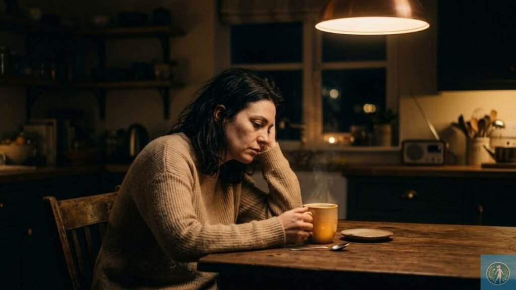 Carga Mental, Burnout Doméstico e Psicanálise em Campinas: Por Que o Amor dos Seus Amigos Não Consegue Resolver o Que Você Carrega em Silêncio 1 mulher exausta sentada na cozinha à noite representando carga mental e burnout doméstico | Legenda: O cansaço que não passa com o descanso tem uma origem mais profunda — e merece uma escuta à altura.