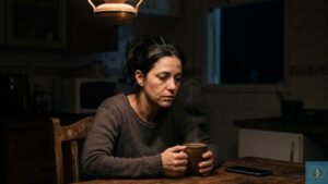 Fotografia de uma mulher exausta sentada sozinha em uma cozinha escura à noite sob uma única luz, segurando uma caneca com as duas mãos e olhando para baixo com expressão de fadiga extrema. A imagem ilustra visualmente o peso da Carga Mental e o esgotamento do Burnout Doméstico.