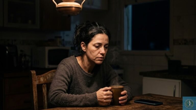 Fotografia de uma mulher exausta sentada sozinha em uma cozinha escura à noite sob uma única luz, segurando uma caneca com as duas mãos e olhando para baixo com expressão de fadiga extrema. A imagem ilustra visualmente o peso da Carga Mental e o esgotamento do Burnout Doméstico.