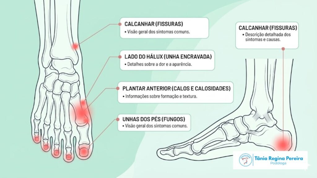 Saúde Começa Pelos Pés: Como o Autocuidado Transforma Seu Dia a Dia (e Evita Dores Silenciosas) 2 Saúde Começa Pelos Pés: infográfico anatômico ilustrando os ossos e articulações do pé em vistas superior e lateral. O diagrama destaca em vermelho as principais áreas de alerta e desconforto, apontando a localização exata de fissuras no calcanhar, unhas encravadas no dedão (hálux), calos e calosidades na região plantar anterior, e fungos nas unhas.