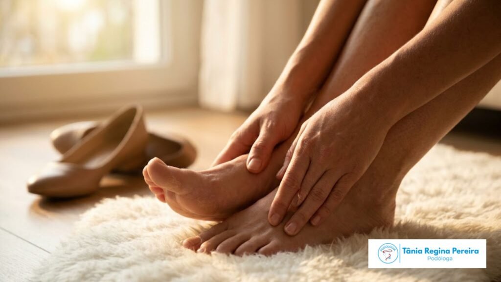 Saúde Começa Pelos Pés: Como o Autocuidado Transforma Seu Dia a Dia (e Evita Dores Silenciosas) 1 Saúde Começa Pelos Pés: mãos massageando pés descalços sobre um tapete felpudo branco, com sapatos fechados desfocados ao fundo sob uma luz quente e relaxante.