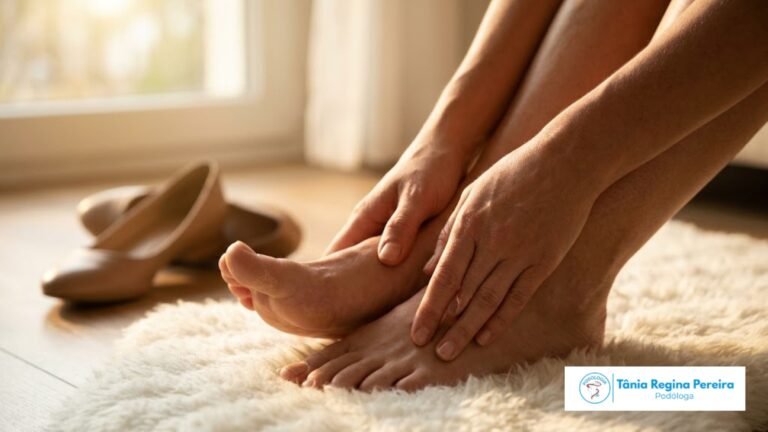 Saúde Começa Pelos Pés: mãos massageando pés descalços sobre um tapete felpudo branco, com sapatos fechados desfocados ao fundo sob uma luz quente e relaxante.