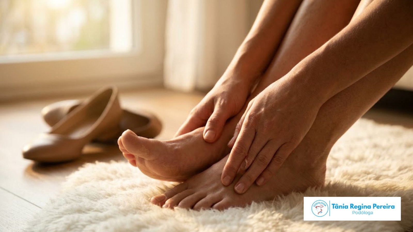 Saúde Começa Pelos Pés: mãos massageando pés descalços sobre um tapete felpudo branco, com sapatos fechados desfocados ao fundo sob uma luz quente e relaxante.