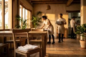 Interior de um restaurante rústico com luz quente, onde três funcionários de avental trabalham juntos, limpando mesas e carregando pratos, ilustrando estratégias para valorizar funcionários sem aumentar salário.