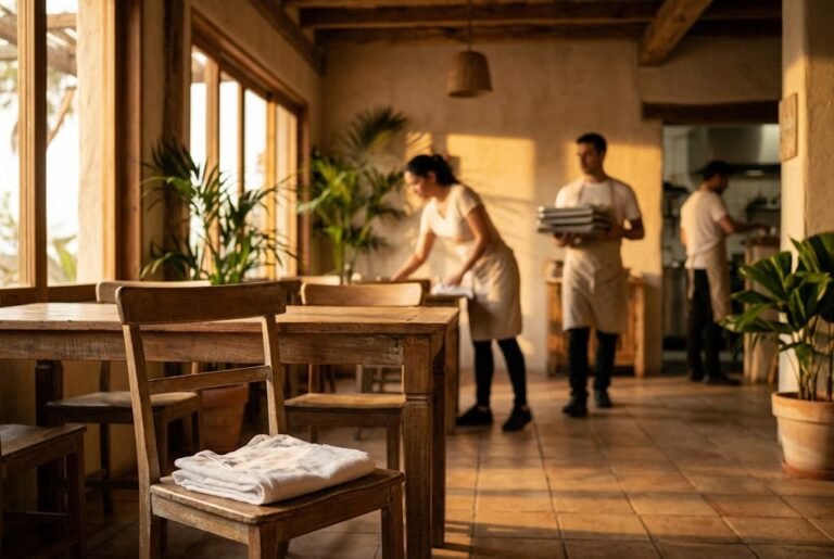 Interior de um restaurante rústico com luz quente, onde três funcionários de avental trabalham juntos, limpando mesas e carregando pratos, ilustrando estratégias para valorizar funcionários sem aumentar salário.