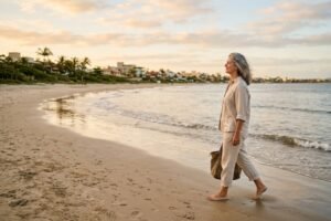Mulher madura de cabelos grisalhos caminhando descalça na beira da praia ao entardecer, ilustrando os benefícios de morar perto do mar