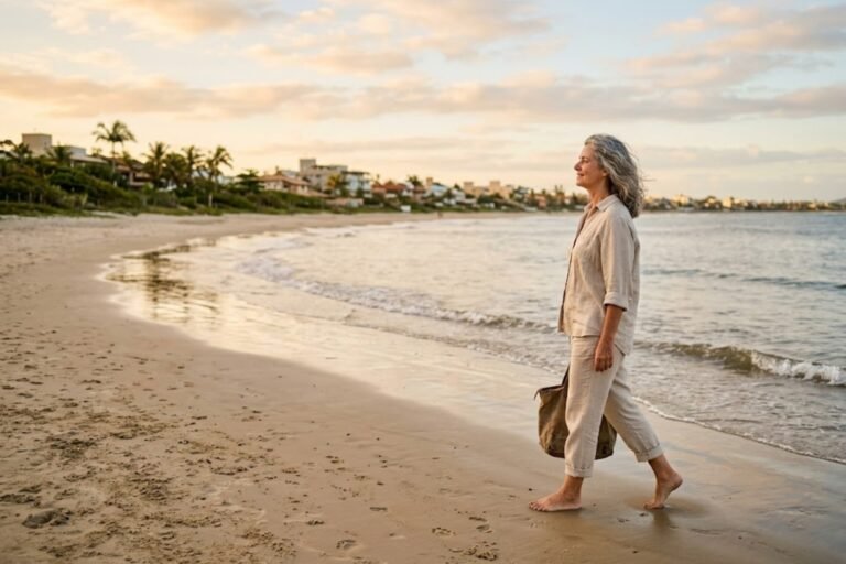 Mulher madura de cabelos grisalhos caminhando descalça na beira da praia ao entardecer, ilustrando os benefícios de morar perto do mar