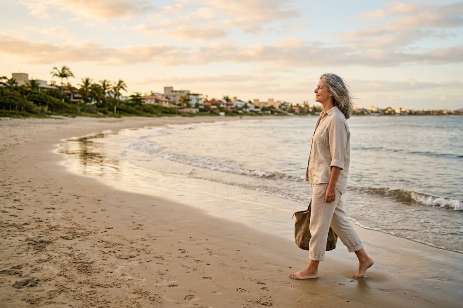 Mulher madura de cabelos grisalhos caminhando descalça na beira da praia ao entardecer, ilustrando os benefícios de morar perto do mar